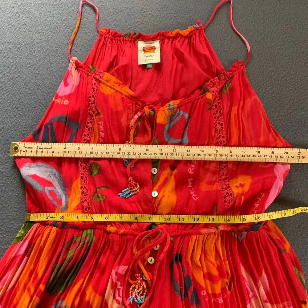 Farm Rio Mixed Fruits Ocean Maxi Dress Tiered Beaded Tassel Tropical Resort XL - Picture 10 of 16